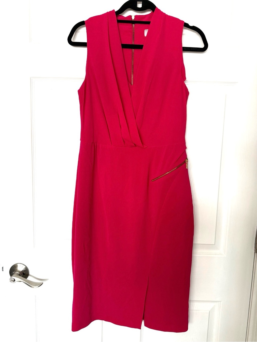 Sleeveless V-Neck Hot Pink Midi Sheath Dress